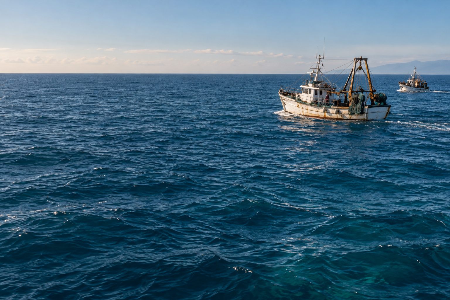 Pesquers sobre un oceà blau en una escena marinera il·lustrativa